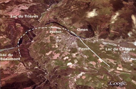 carte Google o l'on a dessin la moraine du glacier de la Bonne recouvrant la Mure